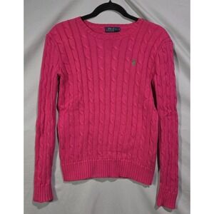 Polo Ralph Lauren Cable Knit Sweater Women Small Pink Crew Neck Green Pony Logo
